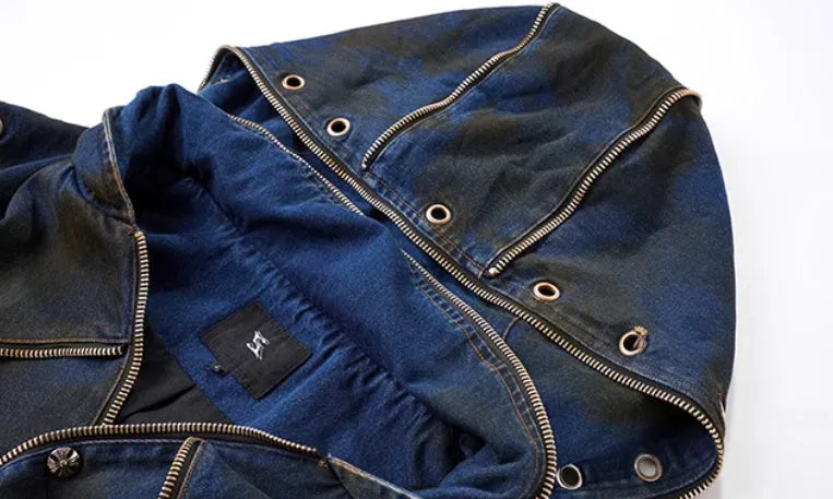 Blue hooded denim vest coat and matching trousers Korean style outfit set