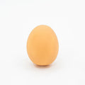 Red and white egg-shaped dog chew toy with textured surface and built-in squeaker