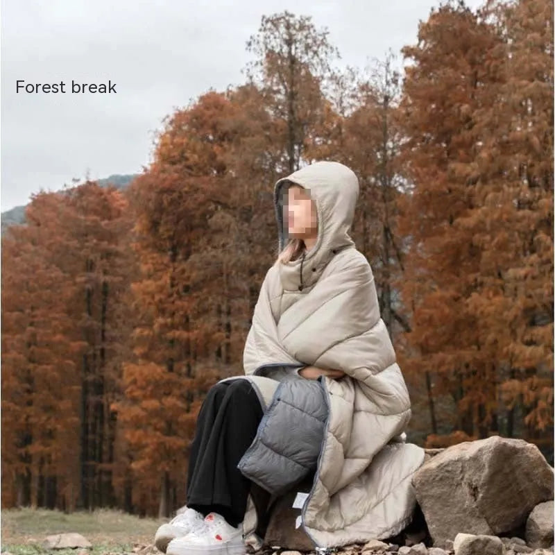 Grey adult wearable outdoor cloak sleeping bag laid flat showing 200cm length