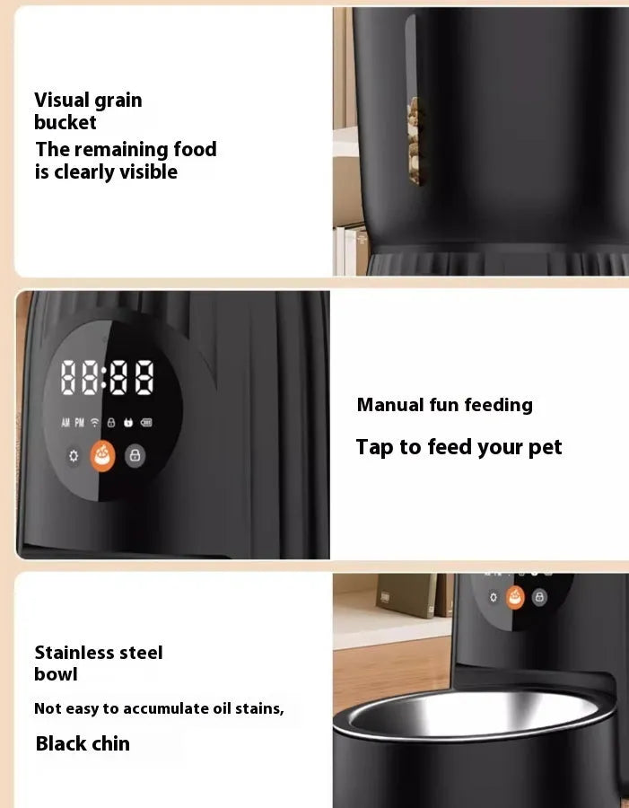 Black intelligent pet feeder with automatic timing and quantitative remote control for cats and dogs