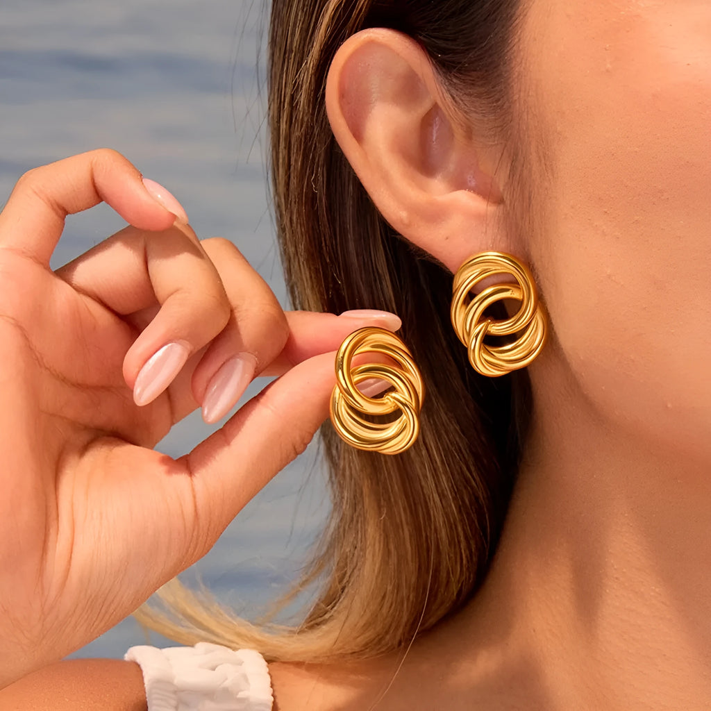 Minimalist geometric circle stud earrings in gold, stainless steel with electroplating and 18K purity