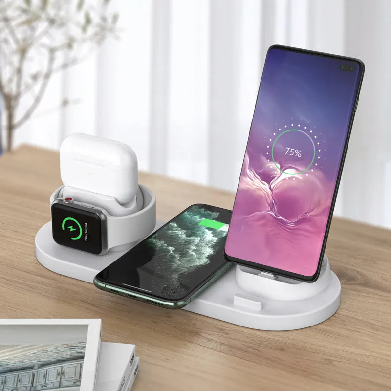 Black and white 6-in-1 wireless charging mobile phone holder showing adjustable stand and charging ports