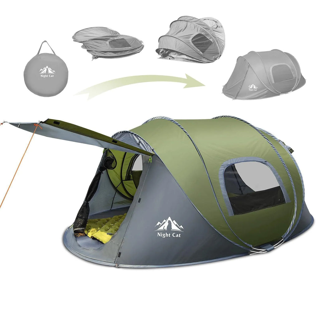 Dark green automatic two-person camping tent with waterproof rainfly set up in outdoor environment