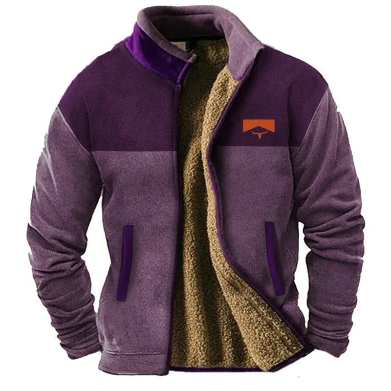 Men's green fleece padded coat with a regular 50cm length on a hanger.