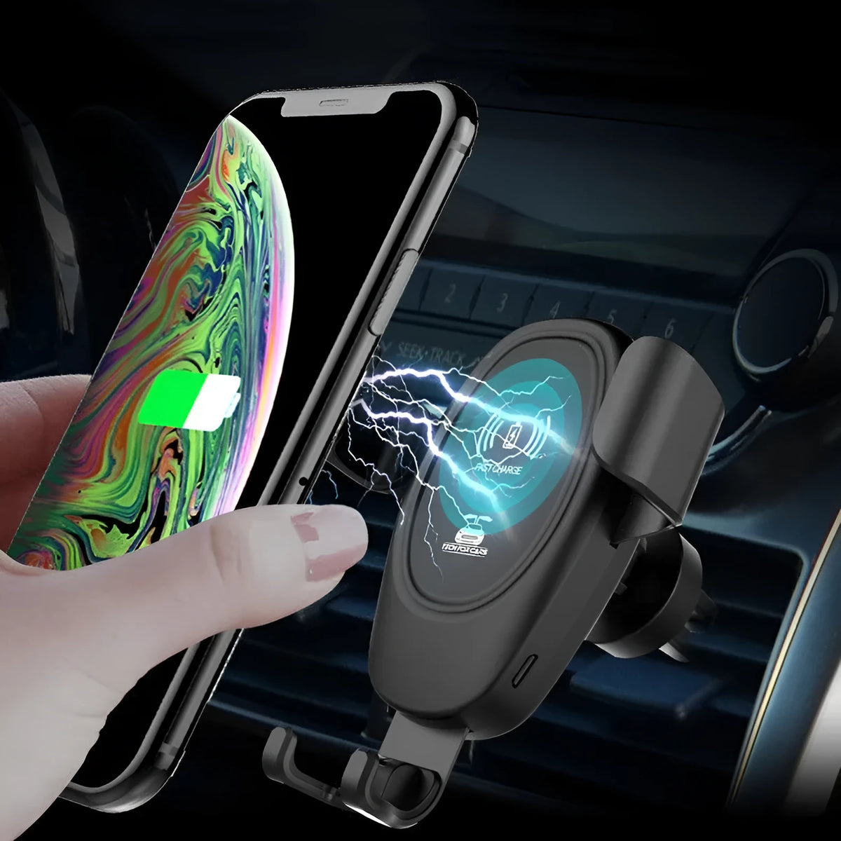 D12 black car wireless charger with air outlet clip, Type-C input, 9.8 x 4.6 x 11cm ABS body