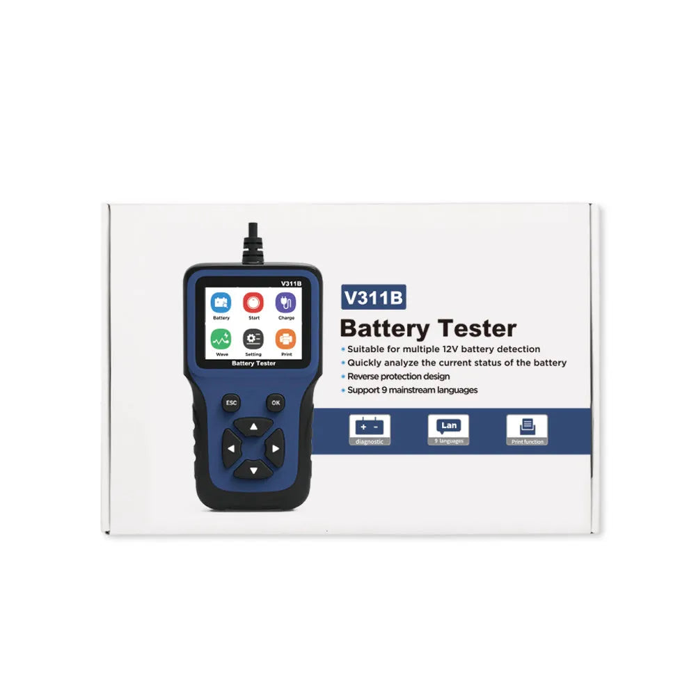 Car battery voltage tester with 2.8 inch colour screen, black and red alligator clips and 1m cable