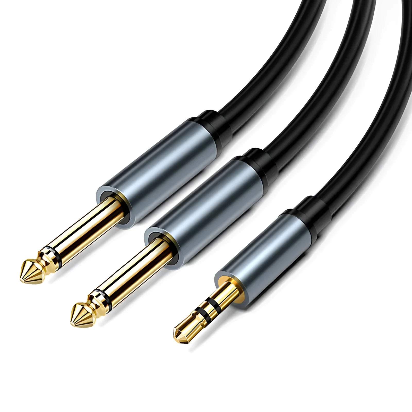3.5mm to 6.5mm male-to-male stereo audio cable with gold connectors on a black cable.