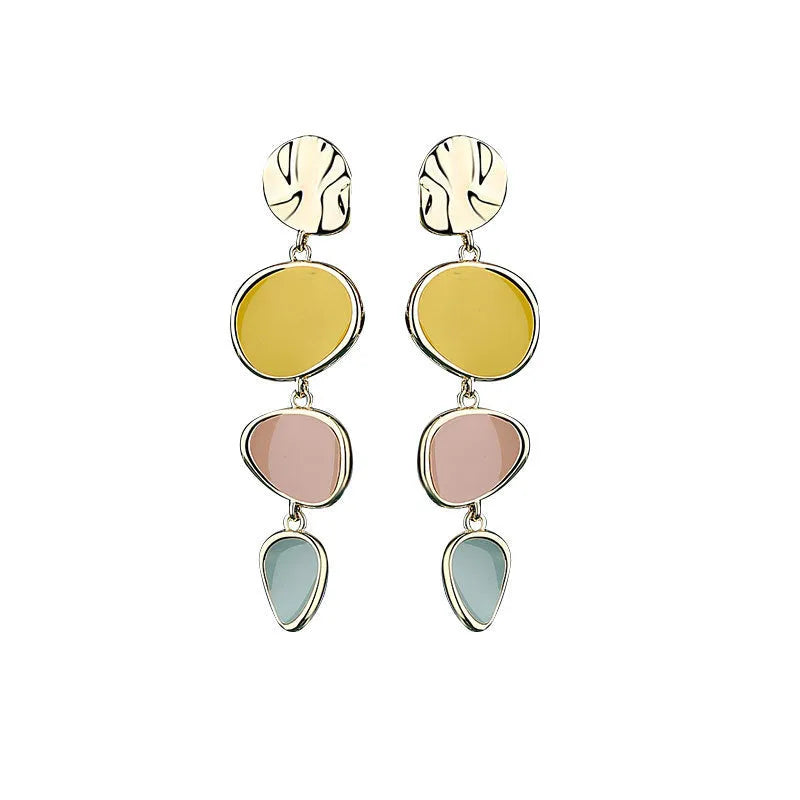Morandi three-colour wafer disc earrings with dripping oil effect on sterling silver finish alloy.