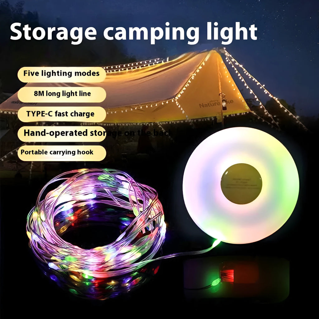 Close-up of rechargeable outdoor LED string lights with 30 beads on an 8m PC ABS cord, showing warm white and colourful light options.
