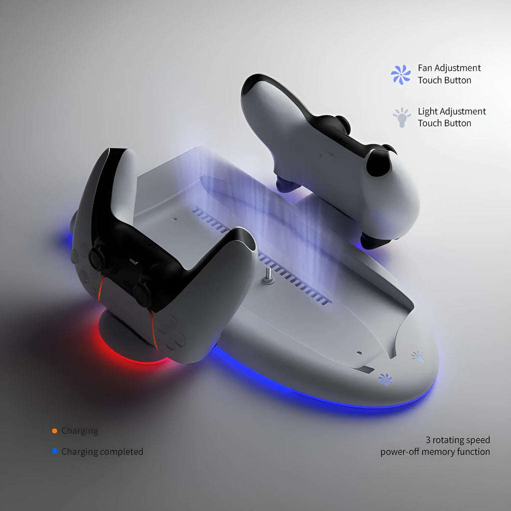 PS5 Slim charging dock station with cooling fan, RGB lighting, and controller charger holder