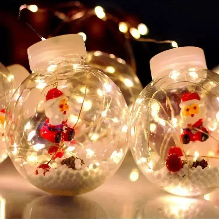 LED Christmas curtain lamp string with 10 fairy light ball decorations showing snowman, Christmas tree, and elder designs