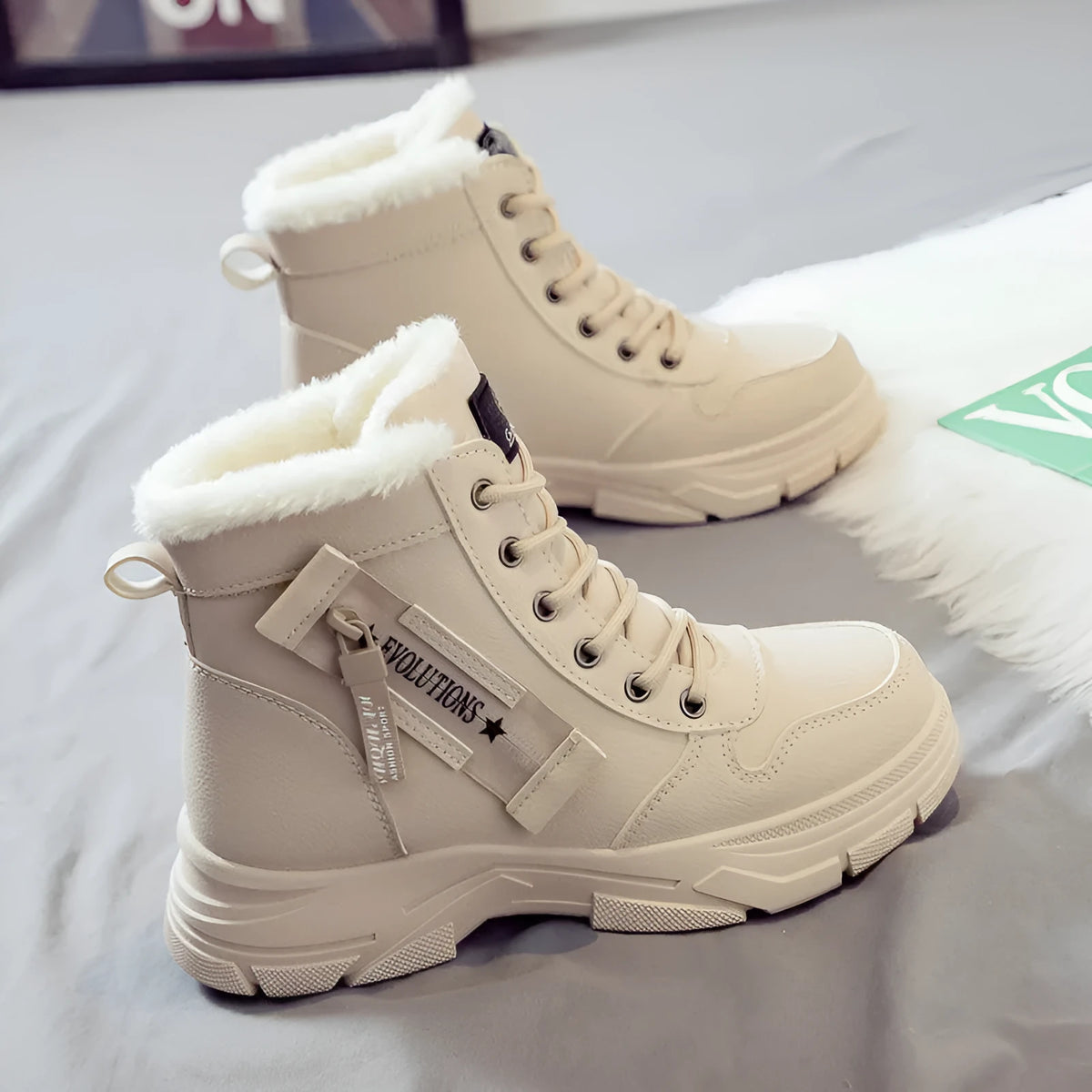 Women's plus size fleece-lined snow boots with lace-up front and mid heel