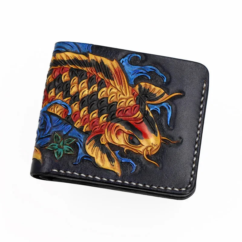 Men's hand-carved cow leather short wallet in red, shown open, with compact dimensions.