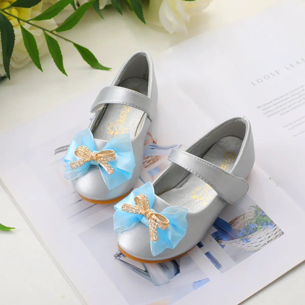 Bowknot PU leather children's shoes with Velcro closure and beef tendon sole, available in pink, beige, gray, and black, sizes 19-35.