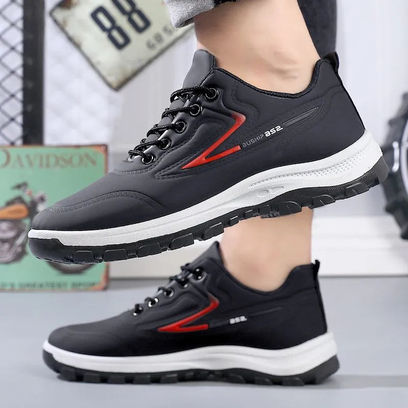 Waterproof leisure sports shoes with soft bottom, artificial PU upper, high mouth above 11cm, black red or black gray