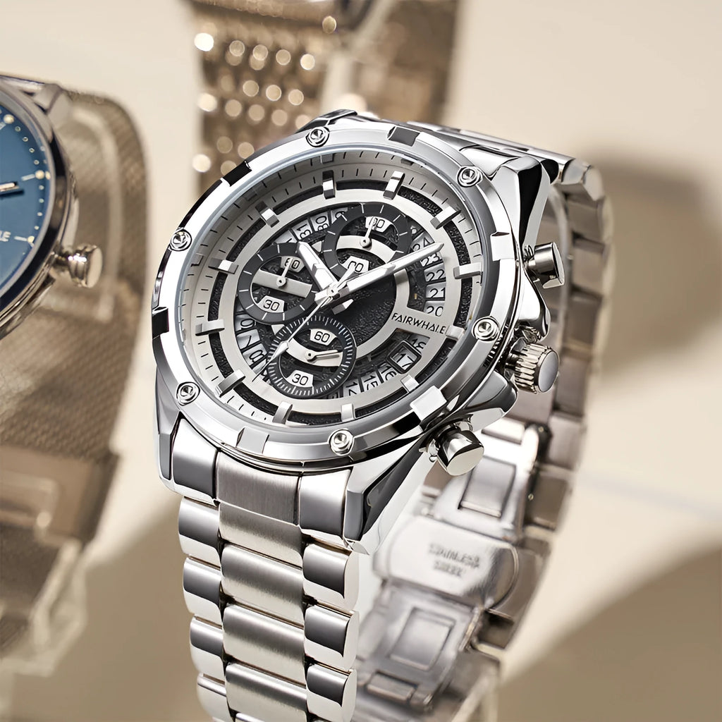 Men's waterproof luminous quartz watch with stainless steel band in black, gold, or silver colour options