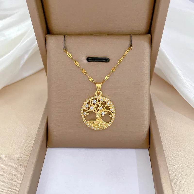 Gold-plated necklace with mother-of-pearl pendant inlaid with rhinestones and zircon on an adjustable chain