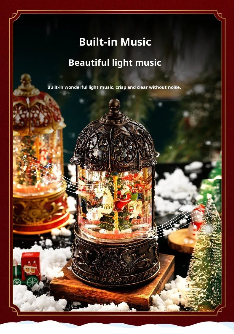 Christmas carousel music box with old man and tree design in Carousel Bronze or Red Carousel plastic