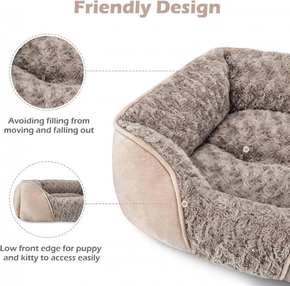 Stuffed pet kennel cat nest warm plush dog bed in beige and grey sizes S to XXL 60-110cm