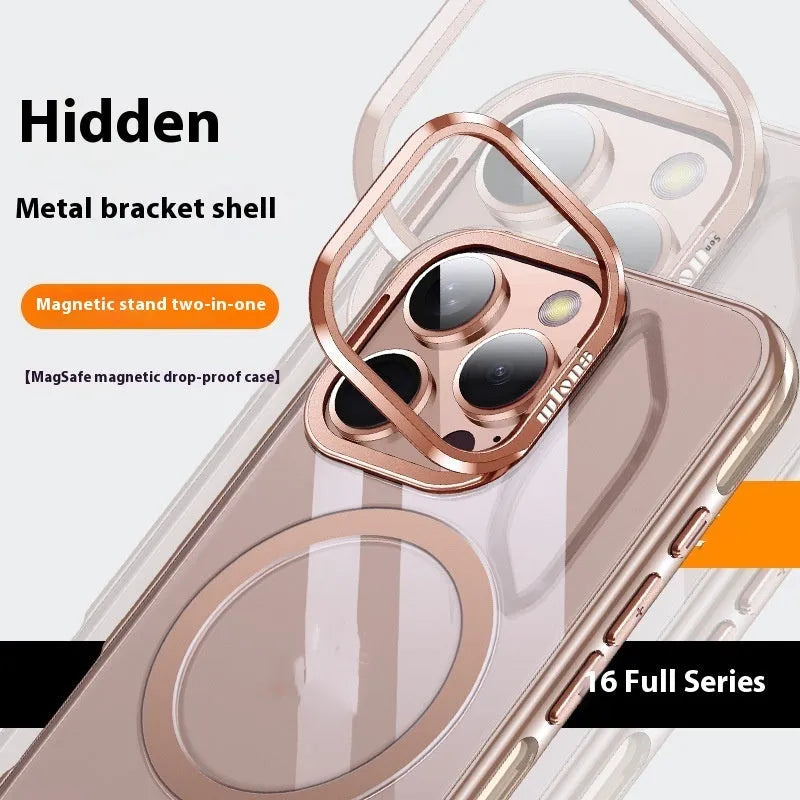 Transparent electroplated iPhone case with metal bracket and airbag corners, in Titanium Black