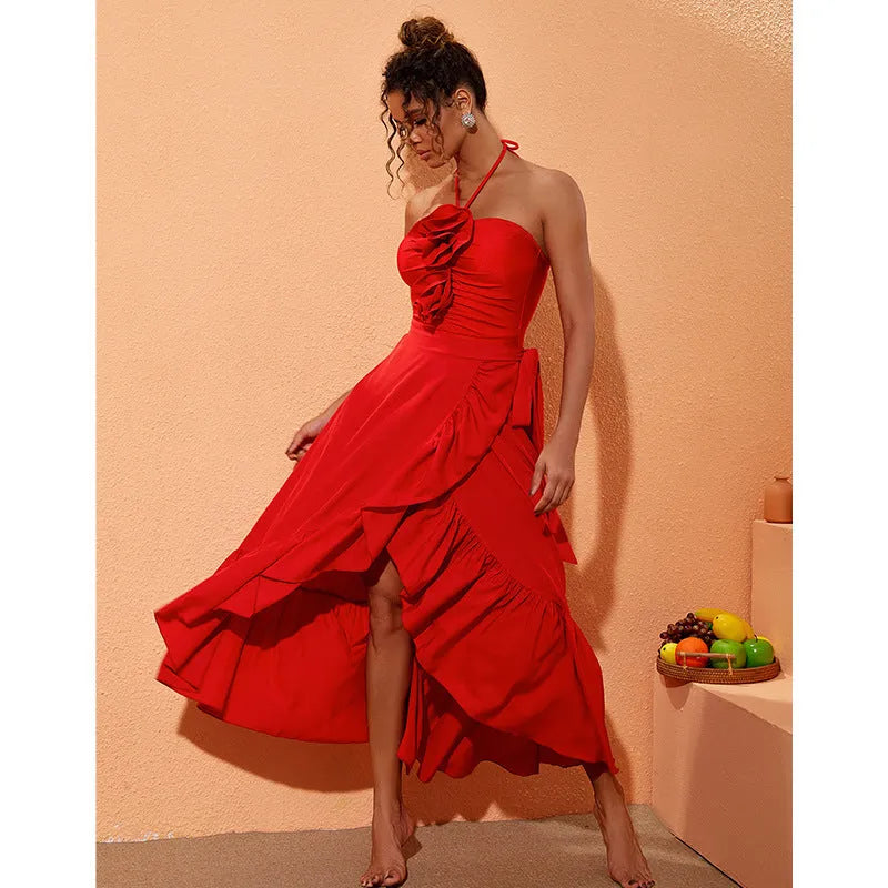 Red women's V-neck one-piece swimsuit with an open back and a separate detachable skirt.