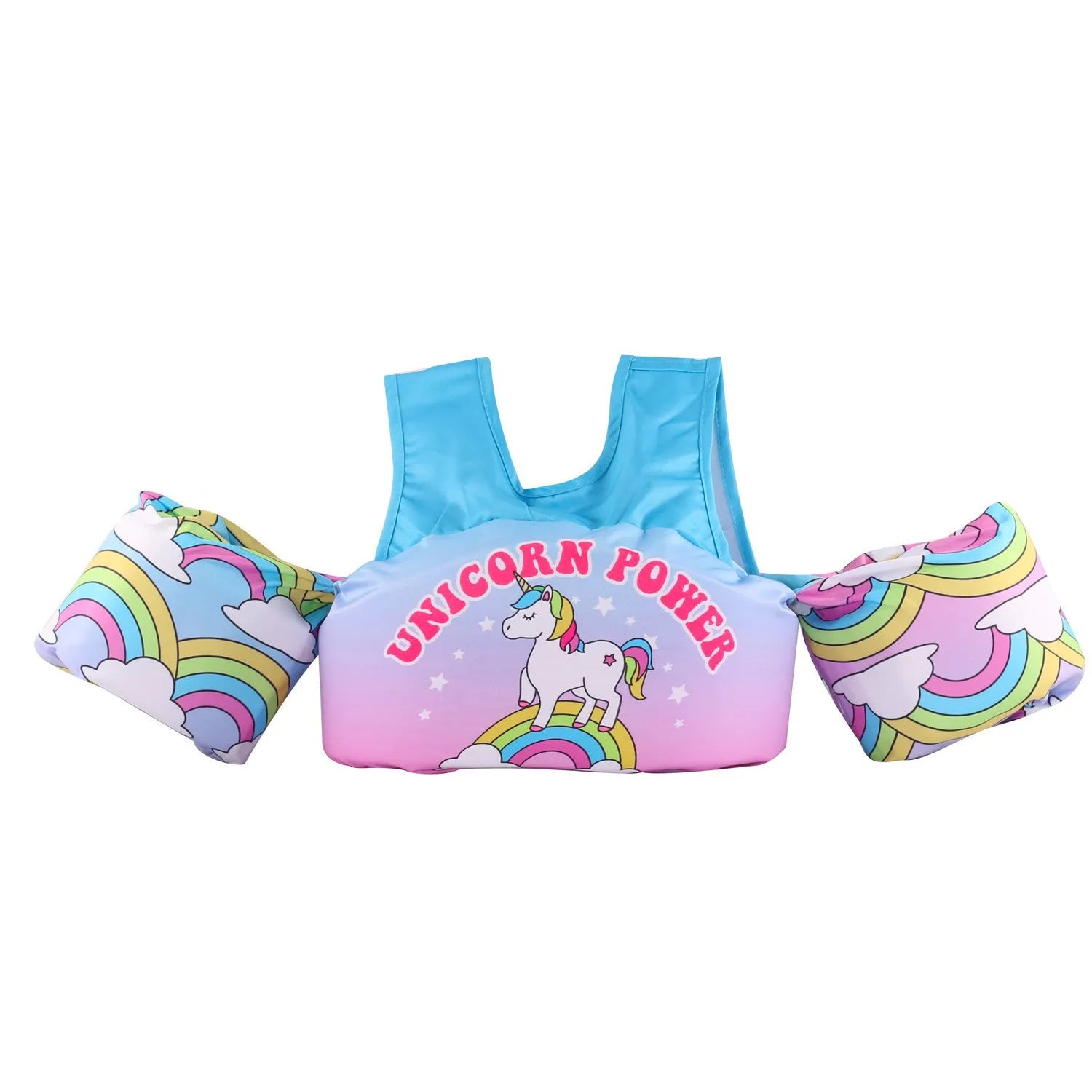 Children's polyester swimsuit with integrated lengthened arm swimming ring in cartoon pattern