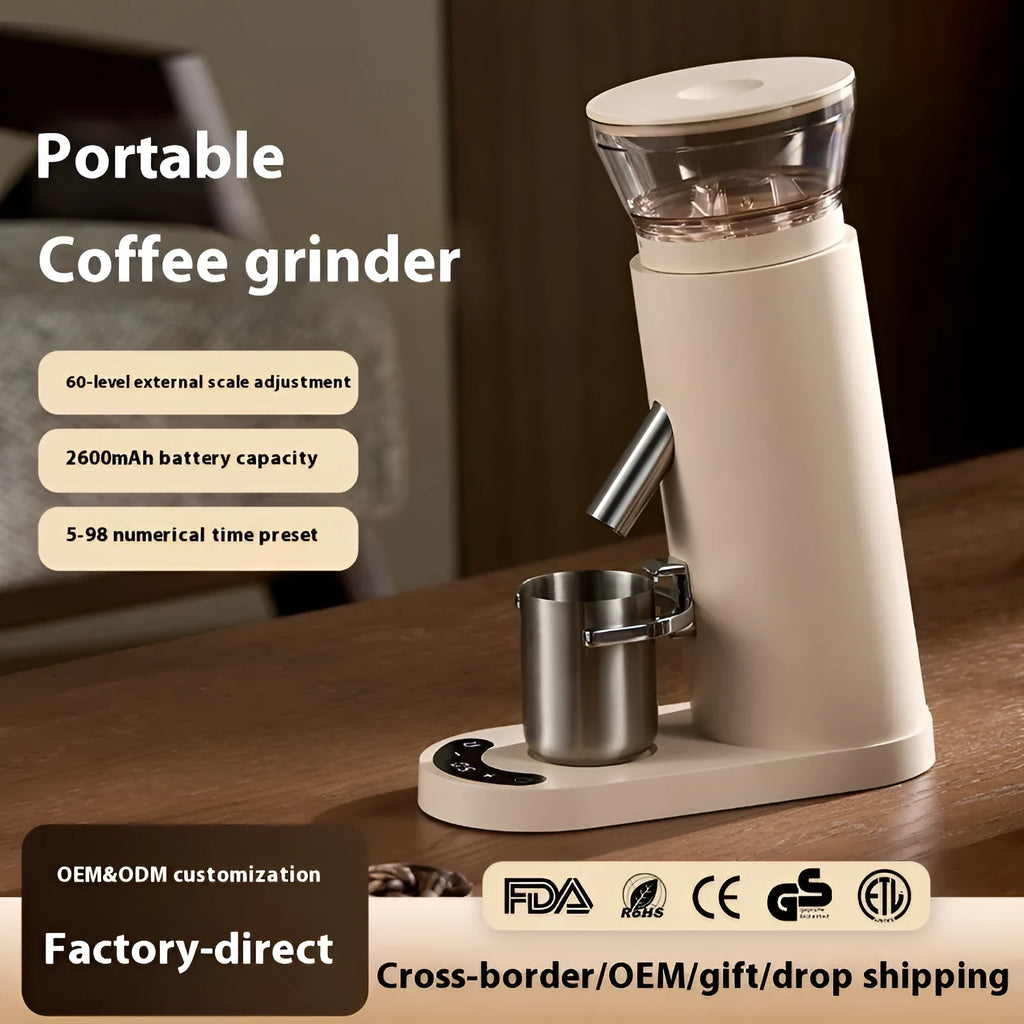 Electric coffee grinder machine with stainless steel reservoir in beige or black colour options