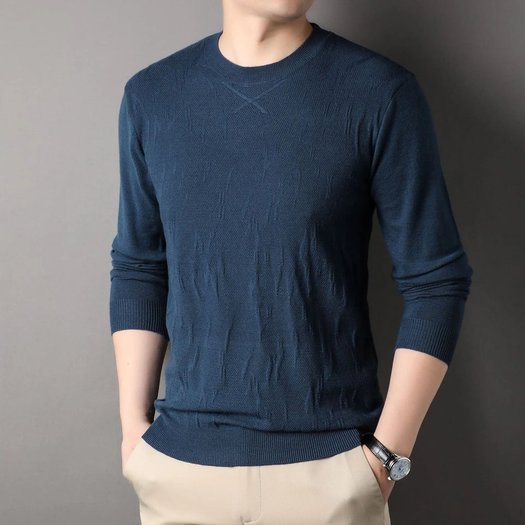 Men's loose fit solid colour long sleeve sweater in khaki, polyester fibre, front view