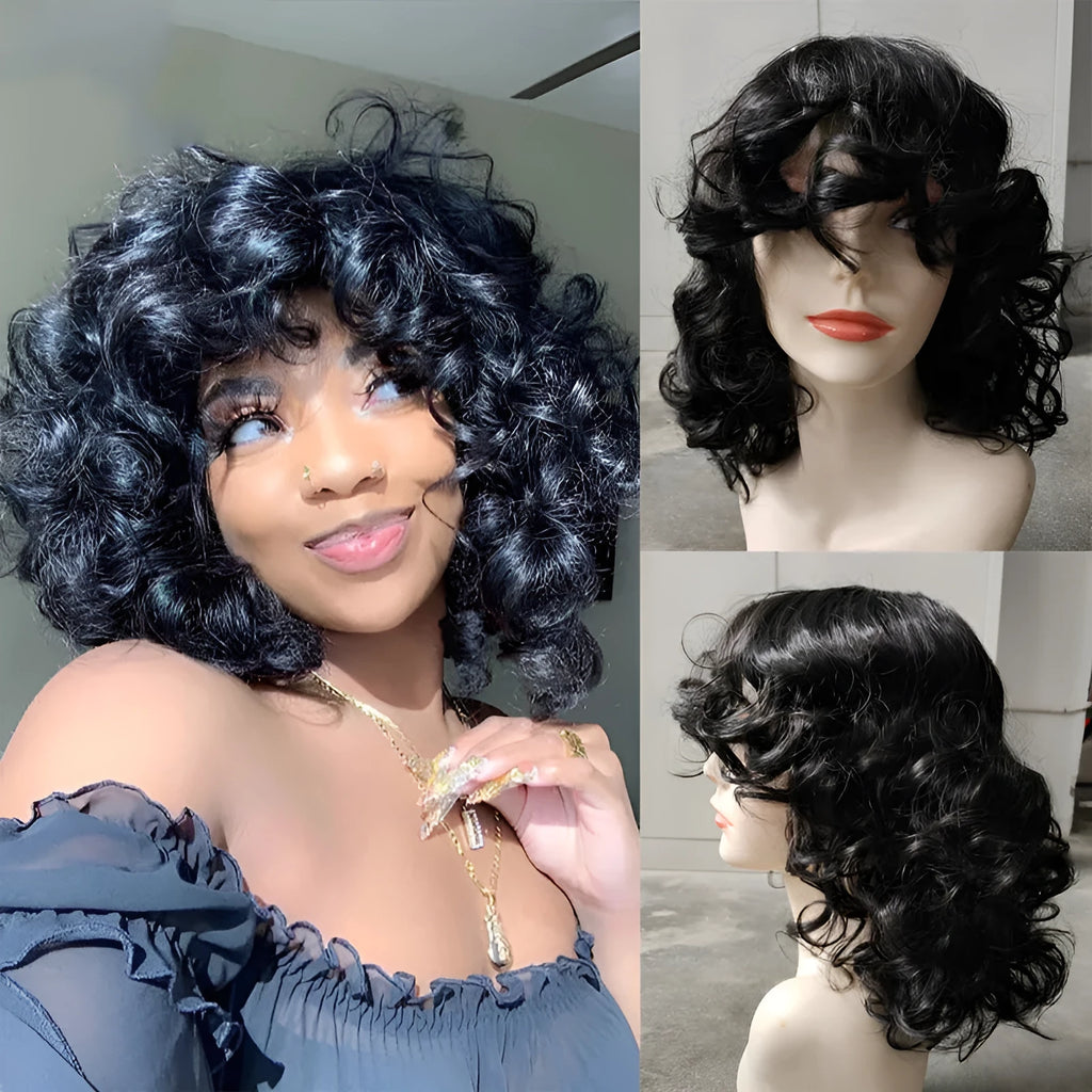 Women's short black synthetic Afro wig with long curly texture