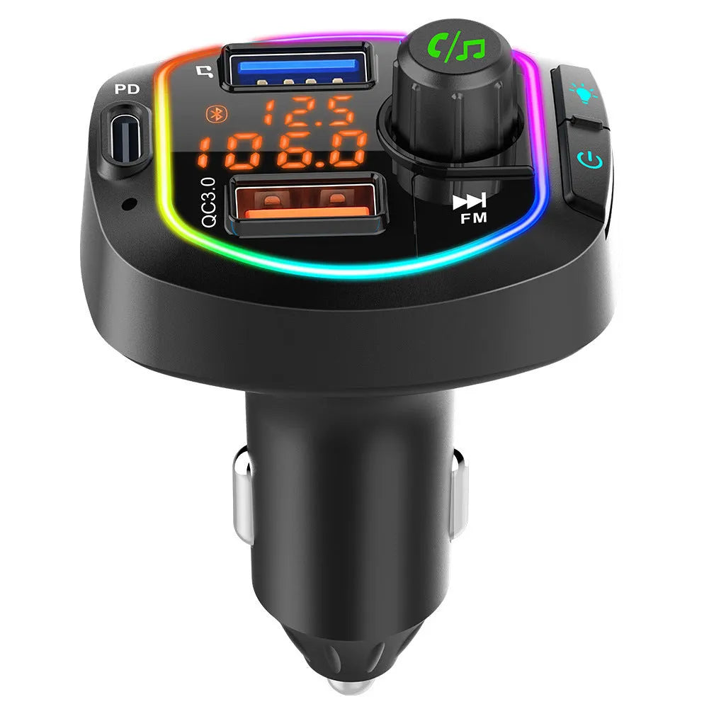 BC66 black car MP3 Bluetooth player with dual digital tube display, fast charging and seven-colour ambience light
