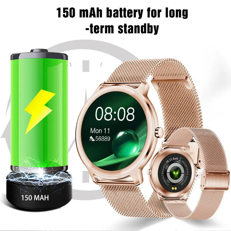 Women's rose gold smart watch with stainless steel mesh bracelet showing 1.3-inch touch screen display