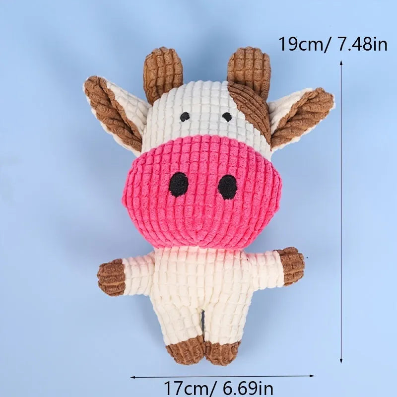 Animal-shaped plush dog chew toys with squeakers in blue, brown, grey, pink, white, and yellow colours
