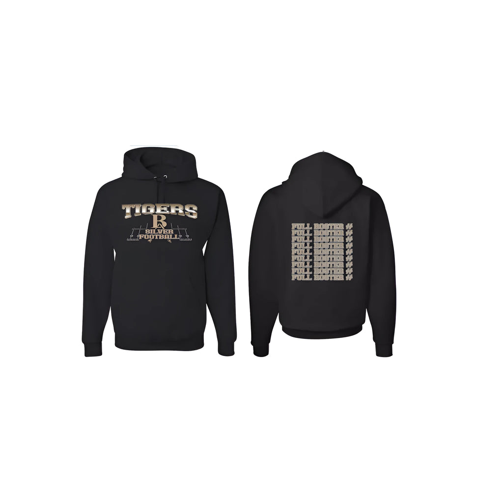 Black drop-shoulder pullover hoodie with long sleeves on a size chart background.