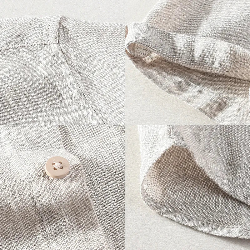 Men's linen short sleeve shirt with a square collar in raw jute colour