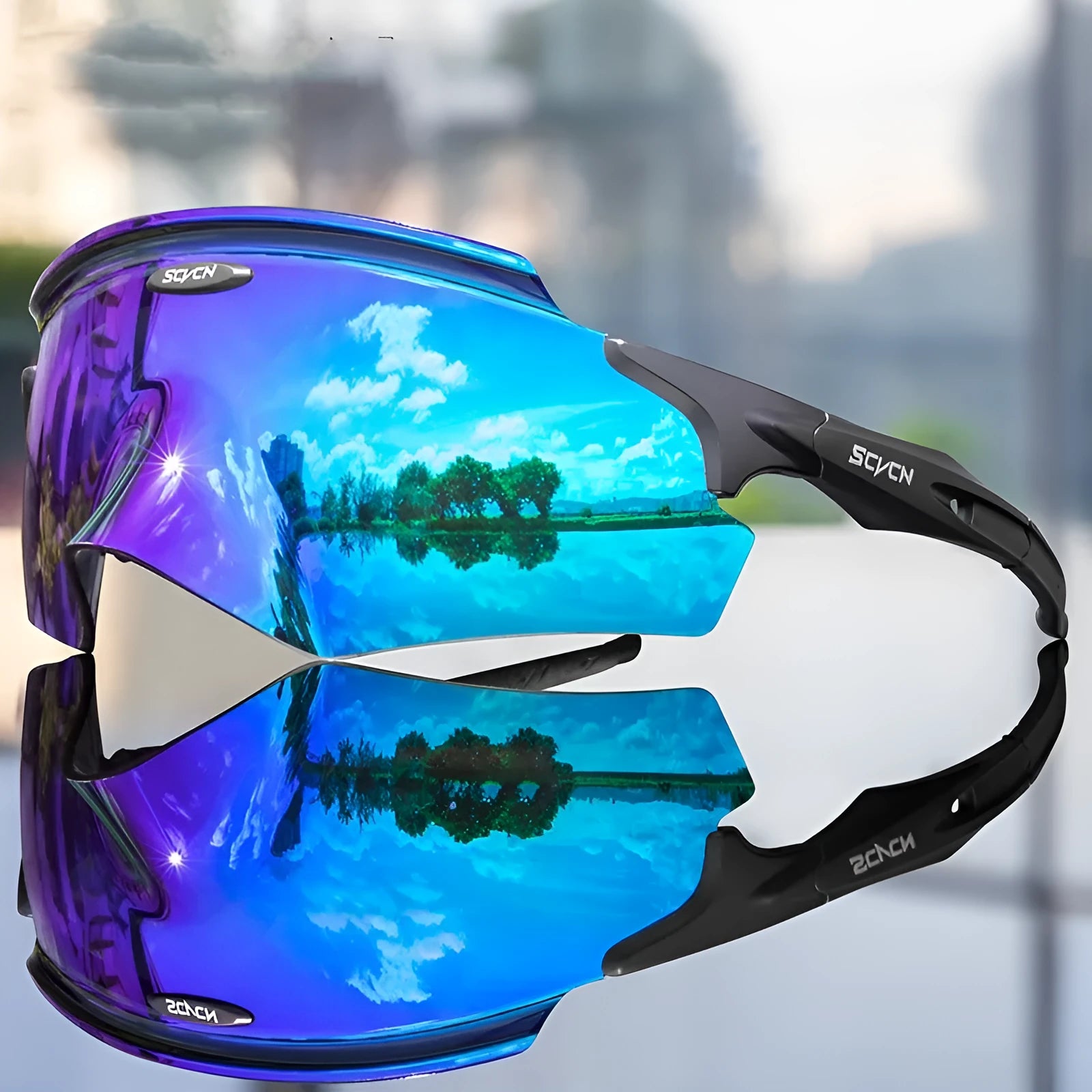 Frameless windproof sports glasses with a bold, single colourful integrated lens.