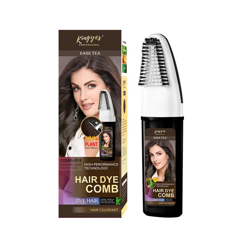 Hair dye kit showing three 200ml tubes in brown, wine red, and dark brown shades with comb applicator