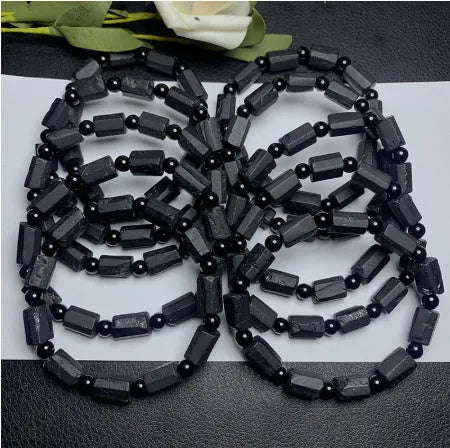 Natural black tourmaline rough stone bracelet with 10mm diameter adjustable unisex design