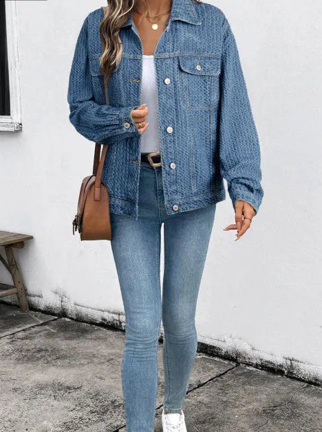 Blue double flap pocket denim textured button down jacket for women, cotton blend, sizes S to 2XL