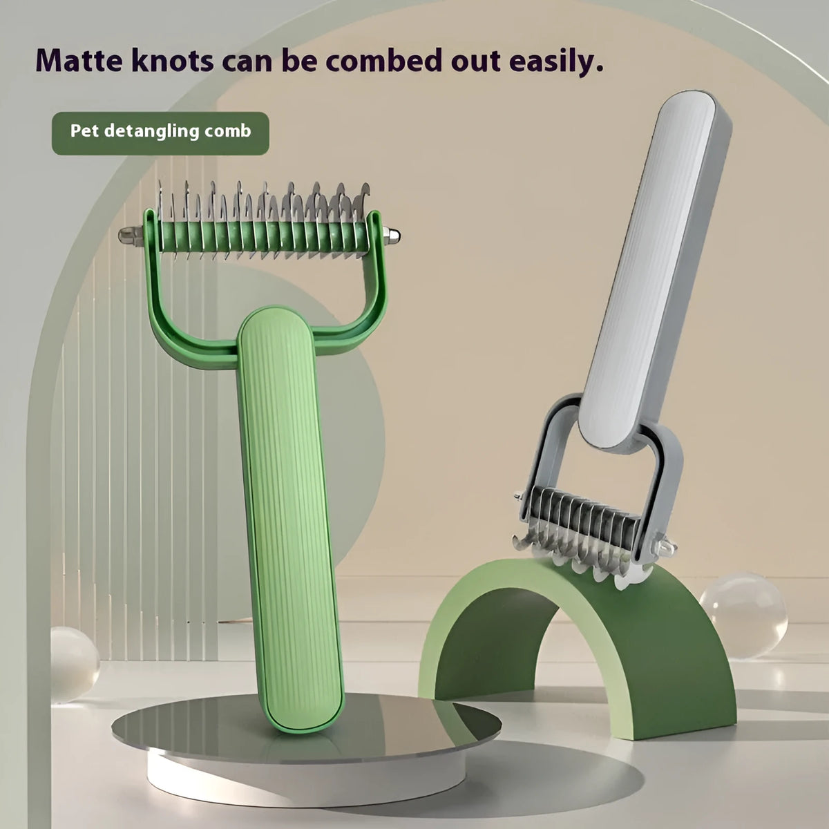 Green and grey dog unknotting combs in small and large sizes with stainless steel teeth