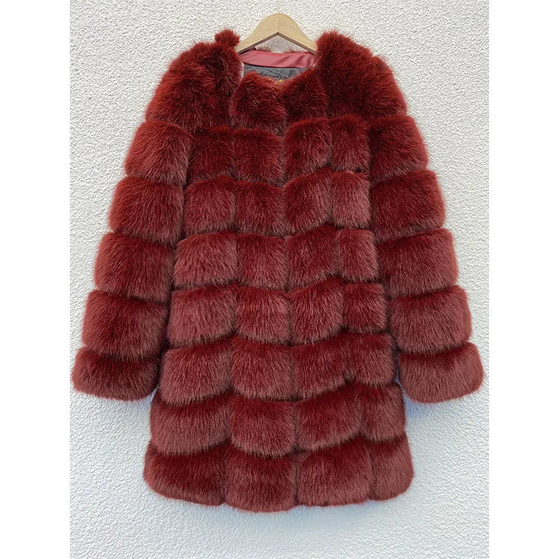 Women's long artificial fur coat in wine red colour showing full 80cm length