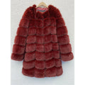 Women's long artificial fur coat in wine red colour showing full 80cm length