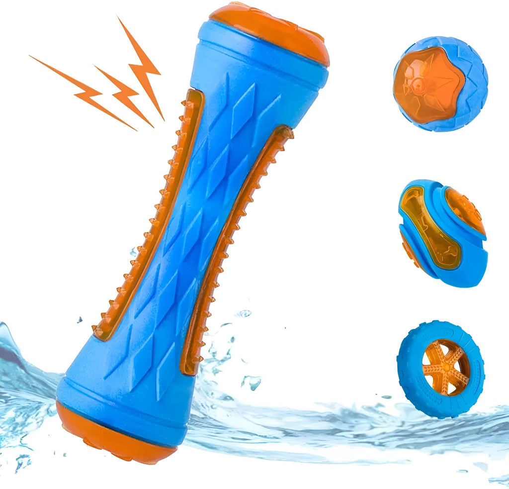 TPR squeaky dog toy set with ball, tires, and barbell floating in water