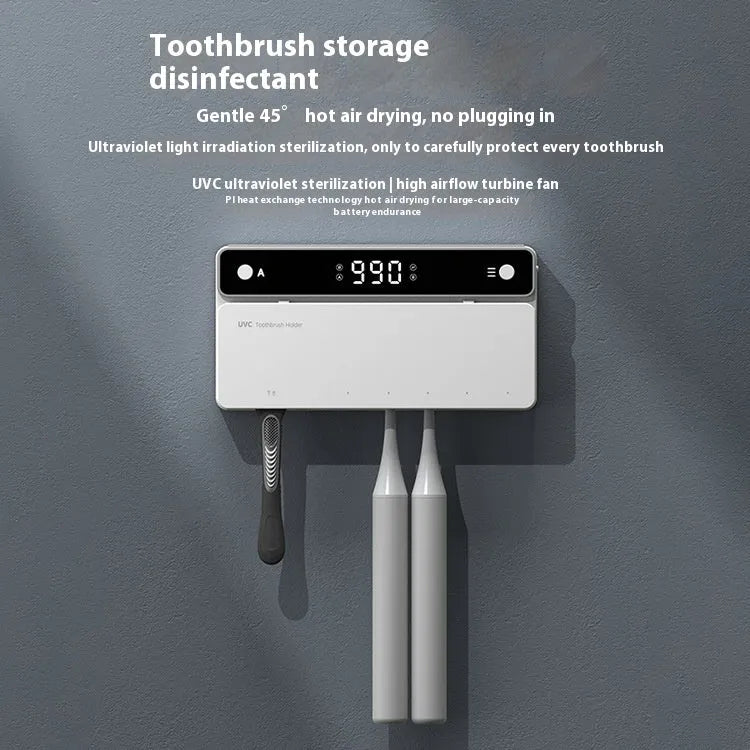 Black wall-mounted toothbrush sterilizer with UV disinfection, automatic drying, and drill-free 3M adhesive fitting