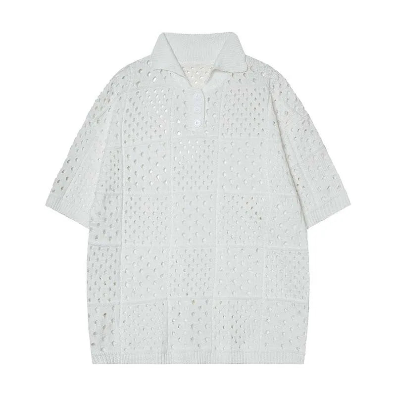 Short-sleeved hollow knit polo shirt in black or white, loose fit cardigan style for teenagers