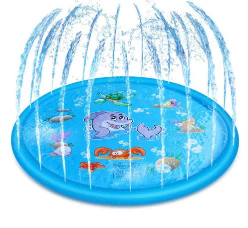 Blue PVC water spray play mat with marine animal designs for outdoor garden use