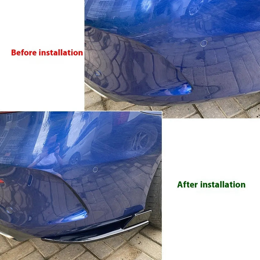 Pair of car rear bumper corner protectors in carbon fibre pattern on a vehicle rear corner