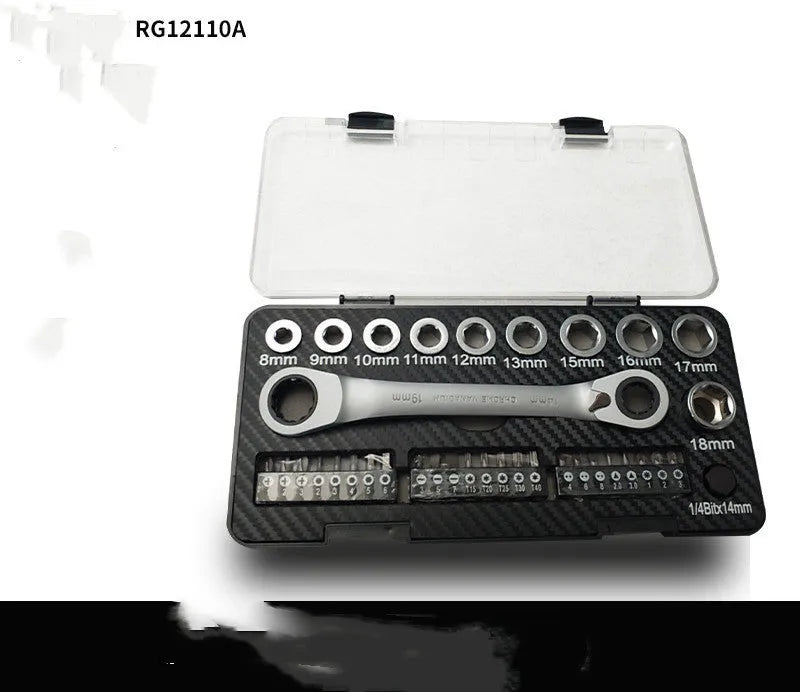 Dual-purpose ratchet wrench set with sockets and screwdriver bits on a grey background
