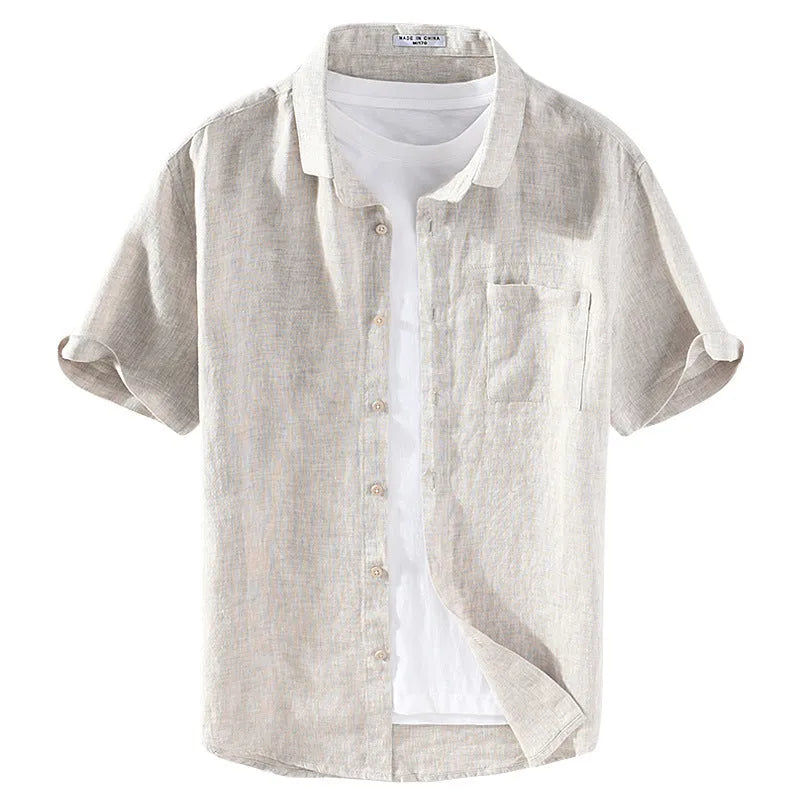 Men's linen short sleeve shirt with a square collar in raw jute colour