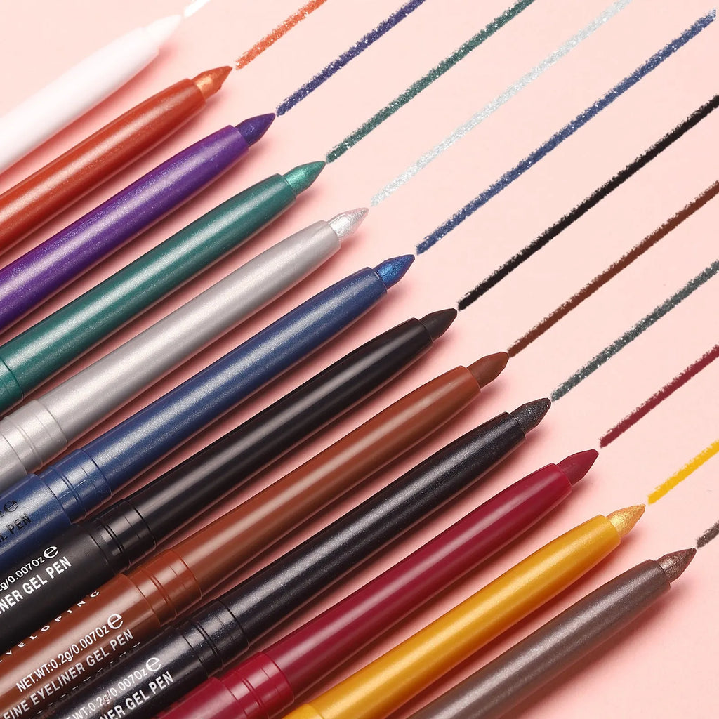 12 colourful gel glitter eyeliner pencils in vibrant shades with waterproof formula