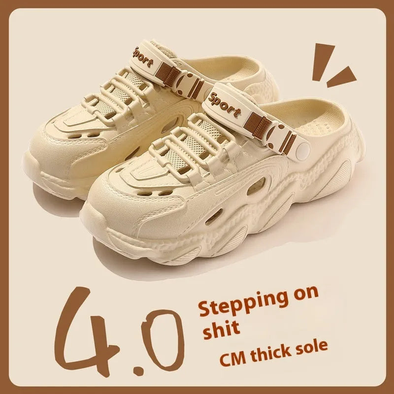 Men's khaki outdoor summer slippers with hollow-out design and EVA non-slip sole
